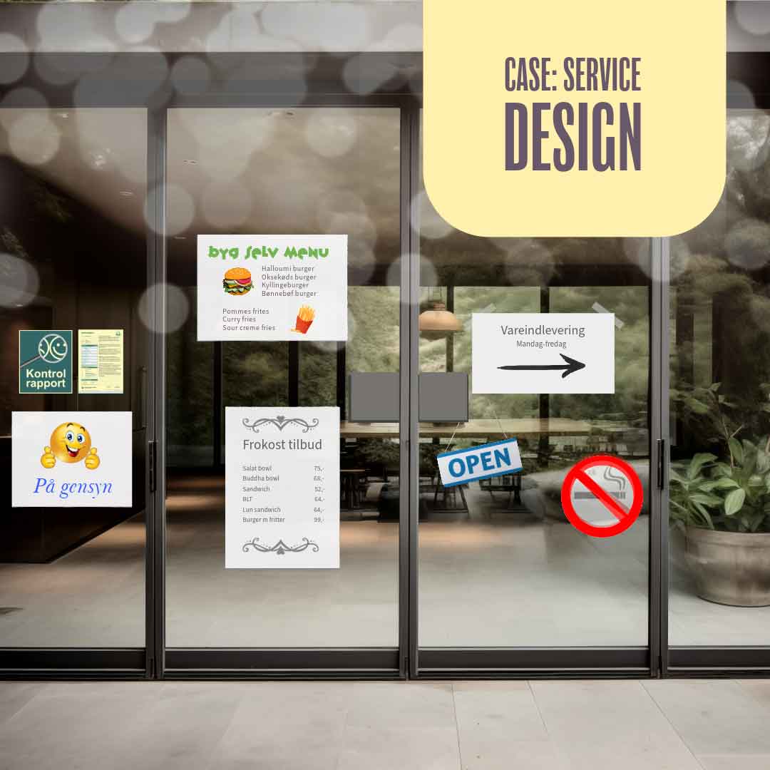 Ingangsparti med mange skilte udfordrer det gode service design